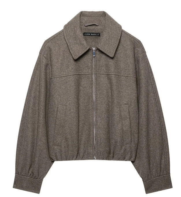 Women’s Short Cut Wool Bomber Jacket with Zipper and Elastic Hem Mune Fashion