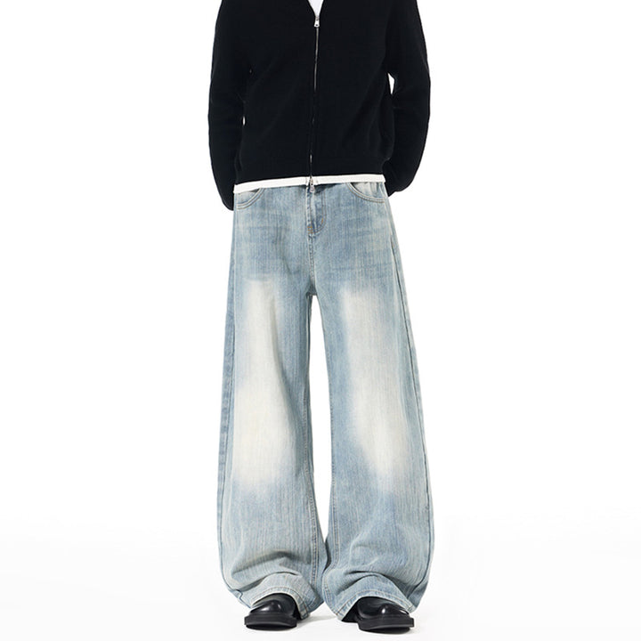 Men's Wide Vintage-inspired Denim Palazzo Pants with Extended Hem and Soft Bleach Effects Mune Fashion