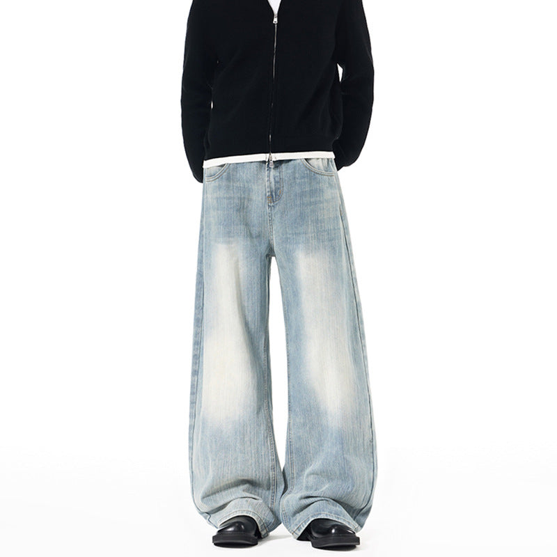Men's Wide Vintage-inspired Denim Palazzo Pants with Extended Hem and Soft Bleach Effects Mune Fashion