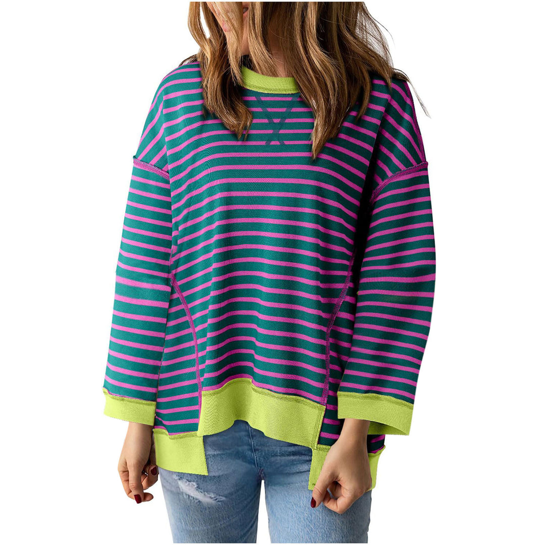 Women's oversized striped sweatshirt pullover with contrasting hem, dropped shoulder and side slits Mune Fashion