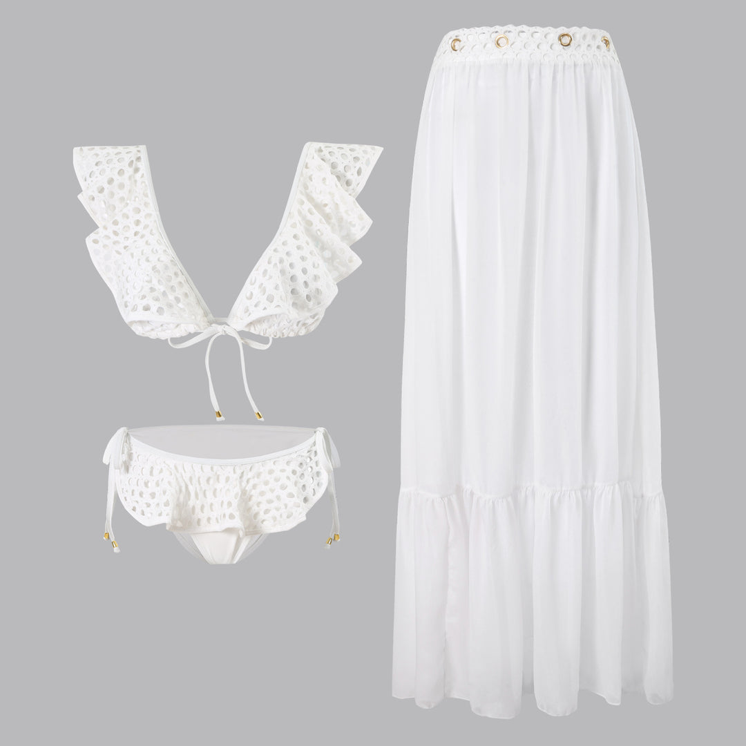 Women's bikini set with playful ruffles and long, airy beach robe Mune Fashion