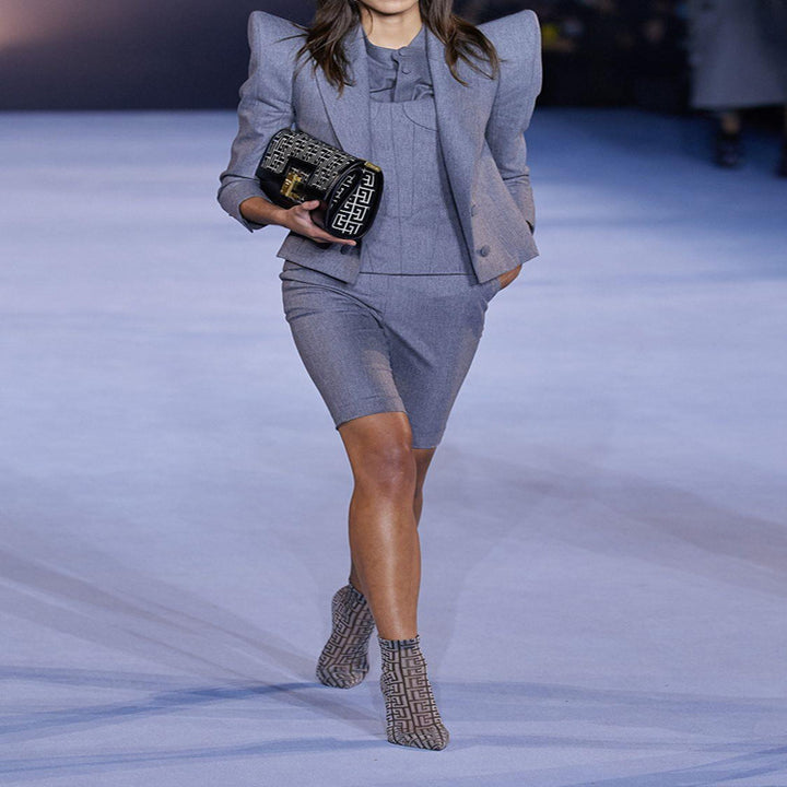 Women's Three-Piece Tailoring Set with Emphasized Shoulder Blazer, Top, and Bermuda Shorts Mune Fashion