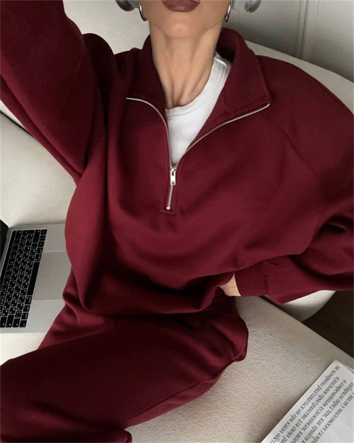 Women Two-Piece Sweatset with Stand-Up Collar Half-Zip and Relaxed Oversized Cut Mune Fashion