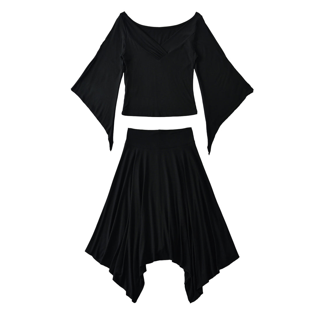 Women's Two-Piece Set with Draped Top with Bat Sleeves and Asymmetrical Flared Skirt Mune Fashion