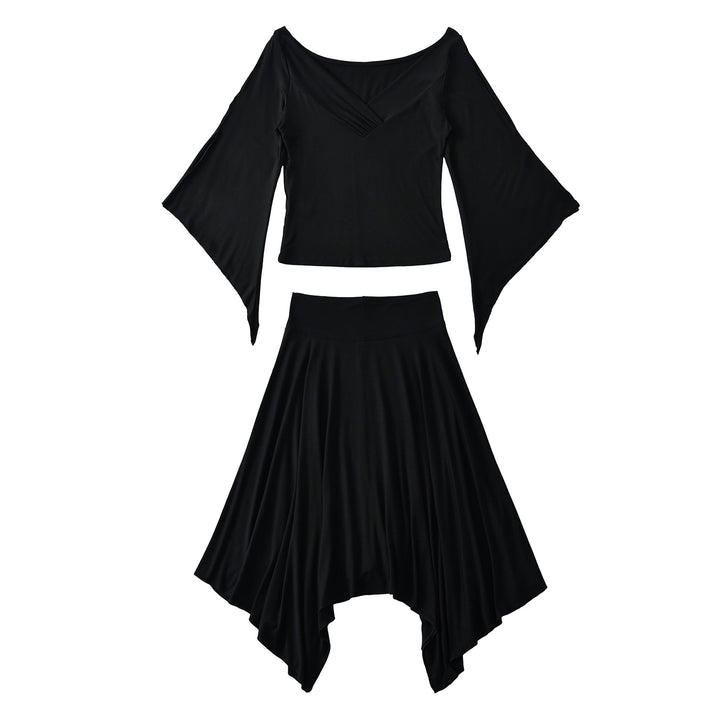 Women's Two-Piece Set with Draped Top with Bat Sleeves and Asymmetrical Flared Skirt Mune Fashion