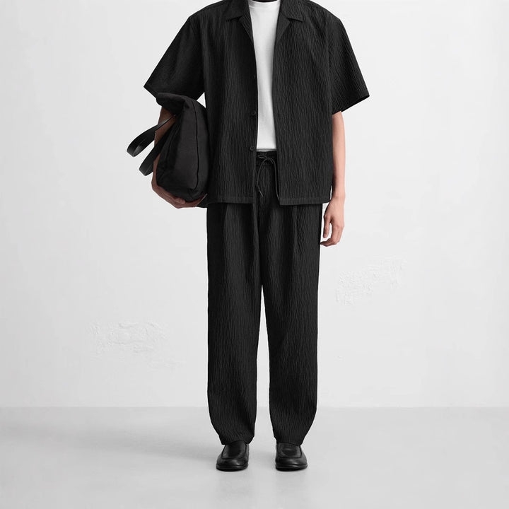 Men's Relaxed, Textured Crinkle Pants with Elastic Waistband and Drawstring Mune Fashion
