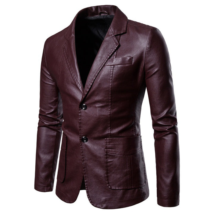 Men's Figure-Hugging Leather-Look Blazer with Shirt Collar and Two-Button Front Mune Fashion