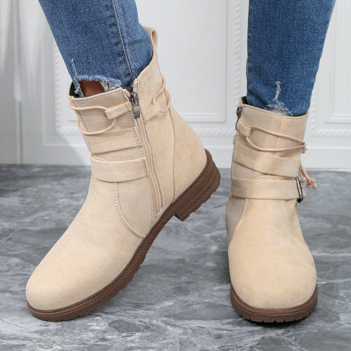 Women's non-insulated ankle boots with wrap straps, decorative metal buckle, and slip-resistant profile sole Mune Fashion