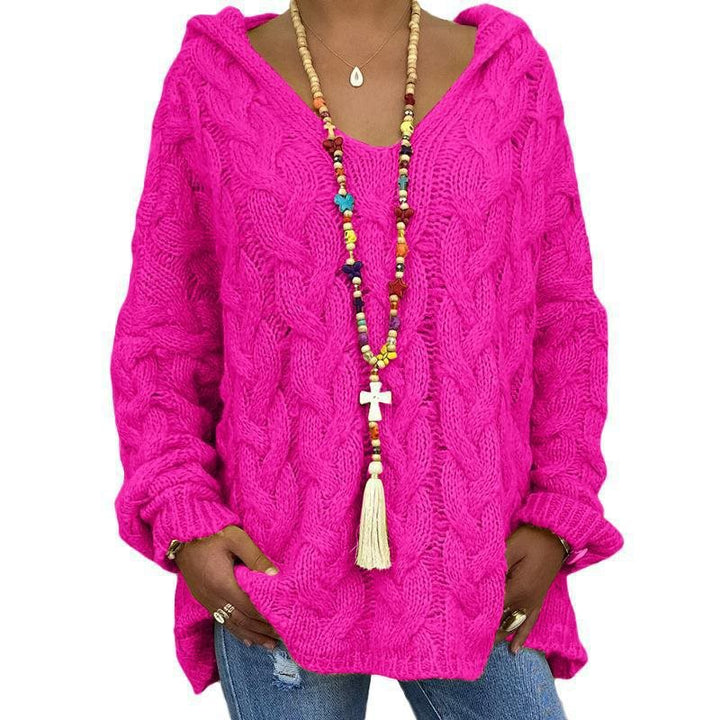 Women Oversized Cable Knit Sweater with Hood and Casual V-Neck Mune Fashion