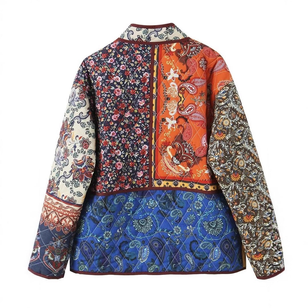 Women's Oversize Patchwork Quilted Jacket with Stand-up Collar and Patch Pockets Mune Fashion
