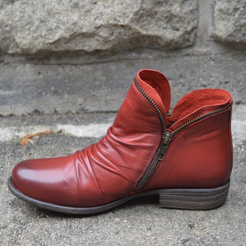 Women's Slouch Ankle Boots made of leather with side zipper and low block heel Mune Fashion