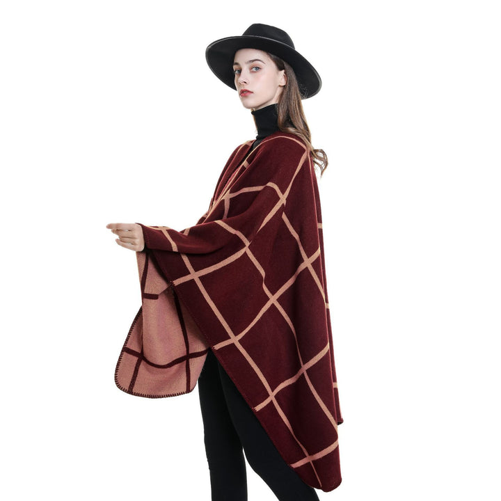 Women's Open Wool Blend Poncho in Cape Style with Subtle Check Pattern Mune Fashion