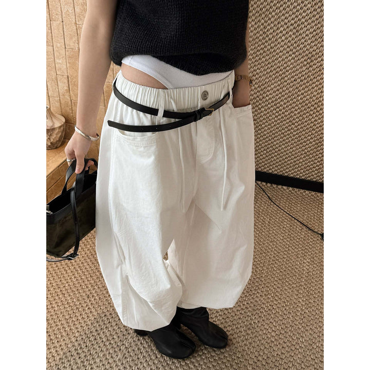 Women Wide High-Waist Cotton Pants with Drawstring and Cuffed Hem Mune Fashion