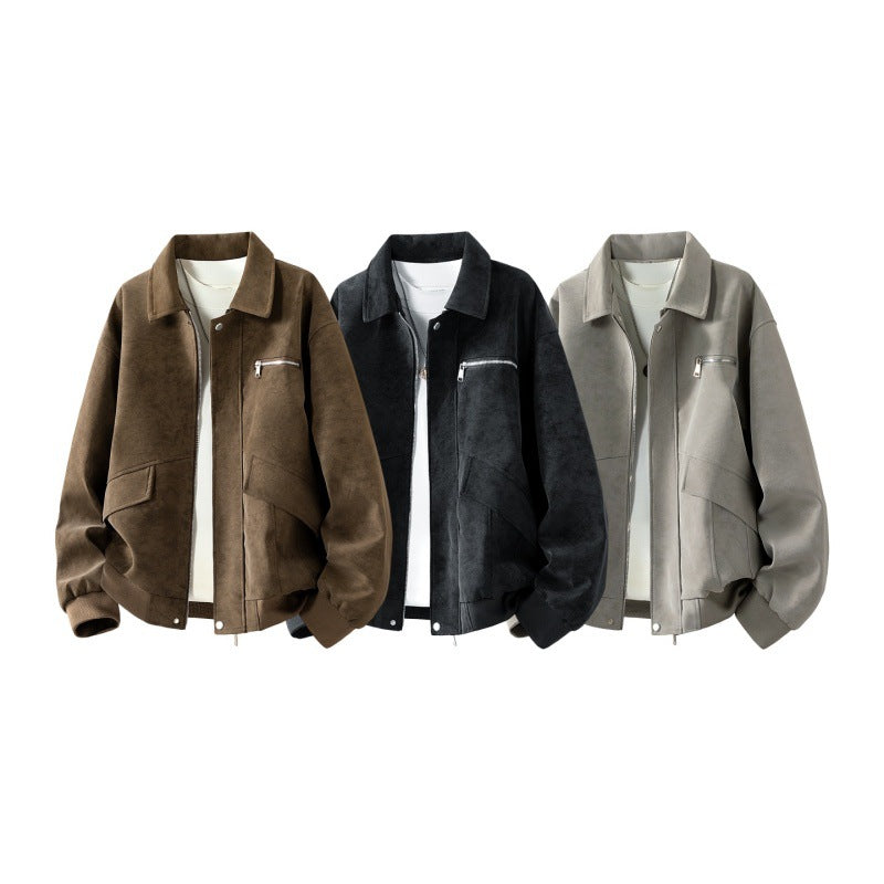 Men's boxy blouson jacket in suede leather look with chest zipper, flap pockets & ribbed hem Mune Fashion