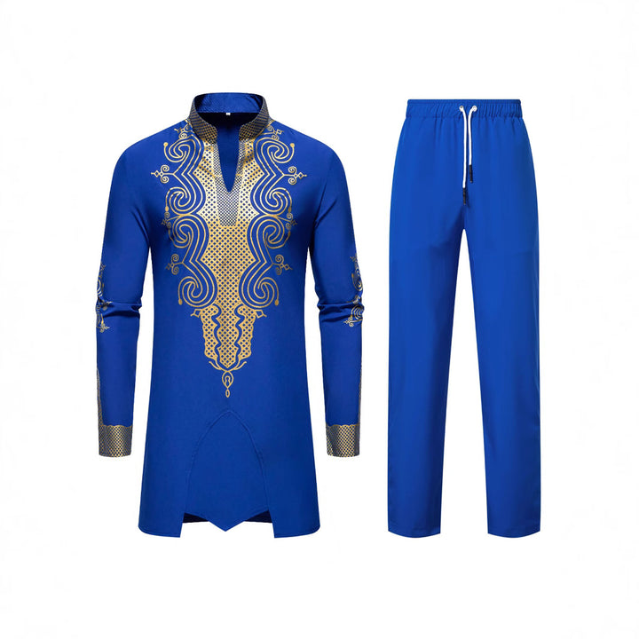 Men's Traditional Embroidered Tunic Set with Mandarin Collar and Elastic Pants Mune Fashion