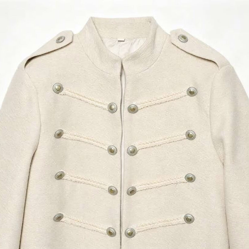 Women's short military jacket with stand-up collar, decorative cords and decorative buttons Mune Fashion