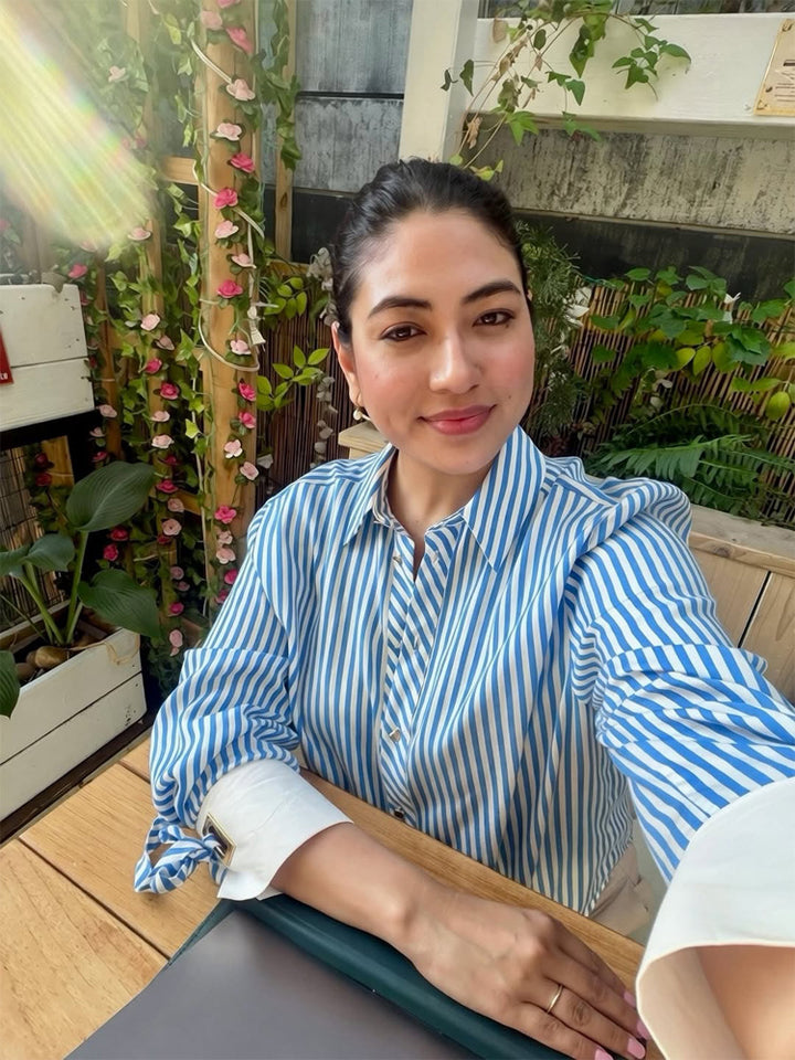 Women Striped Oversized Shirt Blouse with Contrasting Cuffs & Knot Finishes Mune Fashion