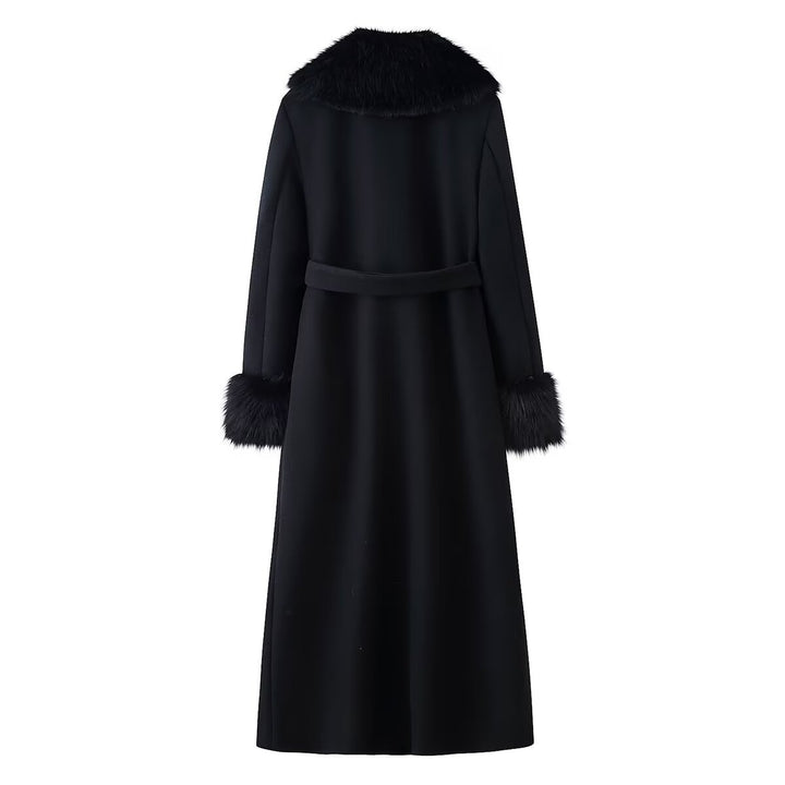 Women Elegant Wool Coat with Large Faux Fur Collar and Tie Belt Mune Fashion