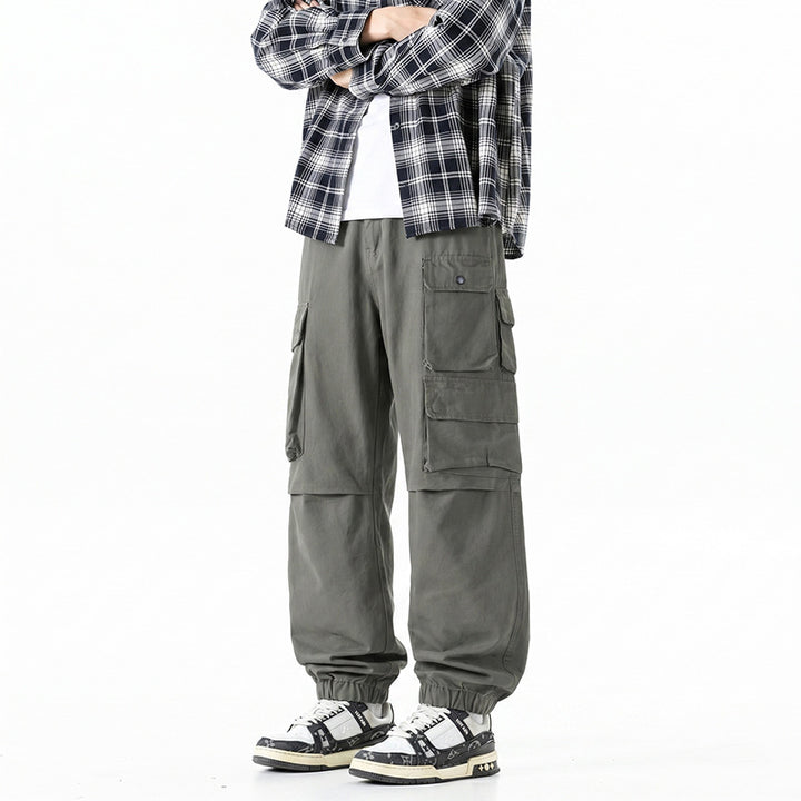 Men's Wide Convertible Cargo Pants in Tactical Street Style with Multiple Flap Pockets and Elastic Ankle Cuffs Drune