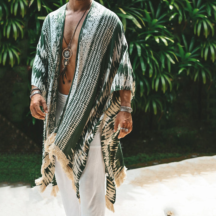 Men's Lightweight Ethno Beach Kaftan with V-Neck and Fringes Mune Fashion