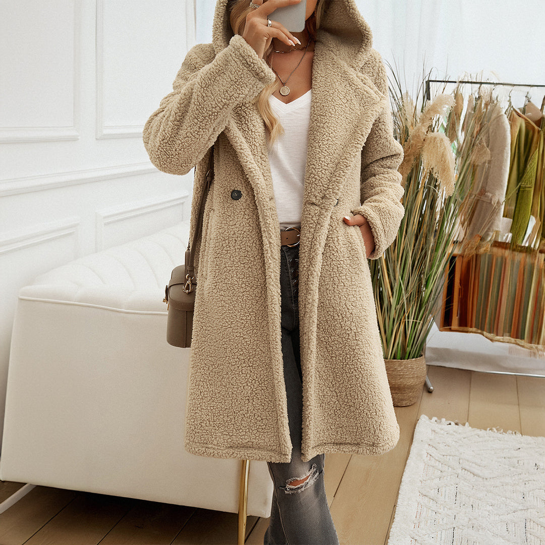 Women's cozy teddy coat with hood, double-breasted button placket and side pockets Mune Fashion