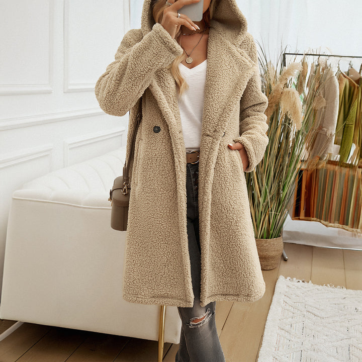 Women's cozy teddy coat with hood, double-breasted button placket and side pockets Mune Fashion