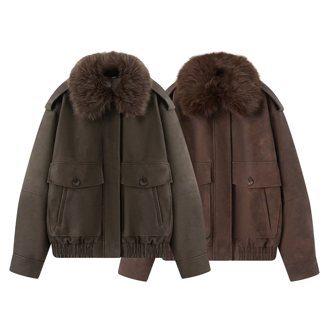 Women short-cut bomber jacket with voluminous faux fur collar and applied flap pockets Mune Fashion