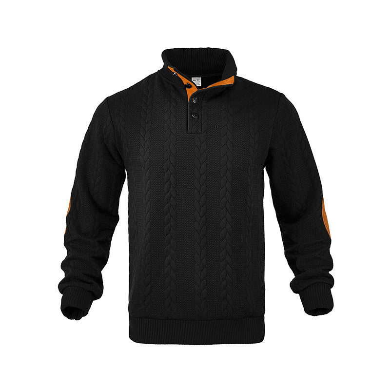 Men's cable knit sweater with stand-up collar, button placket & elbow patches Mune Fashion