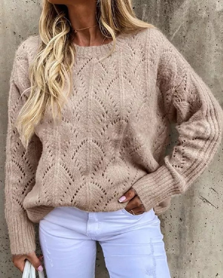 Women Oversize Ajour Knit Sweater with Round Neck Mune Fashion