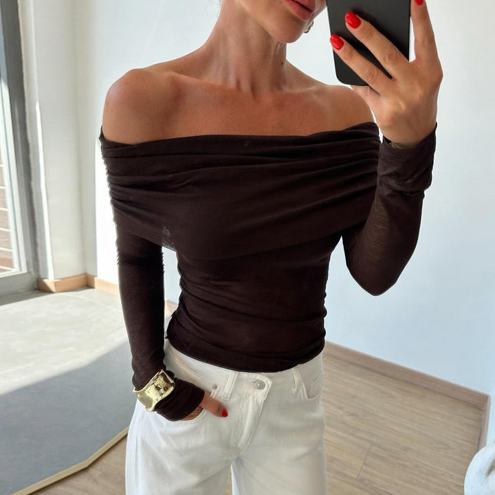 Women's off-shoulder fine knit long sleeve with ruched cowl neck and fitted silhouette Mune Fashion