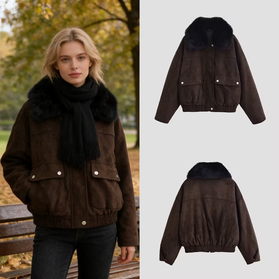 Women's Oversize Bomber Jacket made of Suede Imitation with Large Faux Fur Collar Mune Fashion