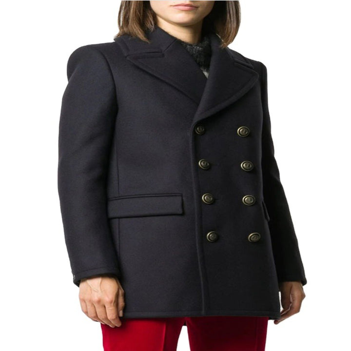 Women's Short Tailored Double-Breasted Wool Blend Peacoat with Maritime Details Mune Fashion