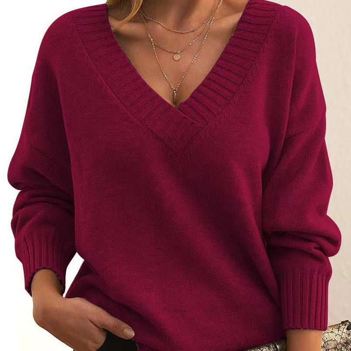 Women's Oversized V-Neck Knit Sweater with Ribbed Cuffs Mune Fashion