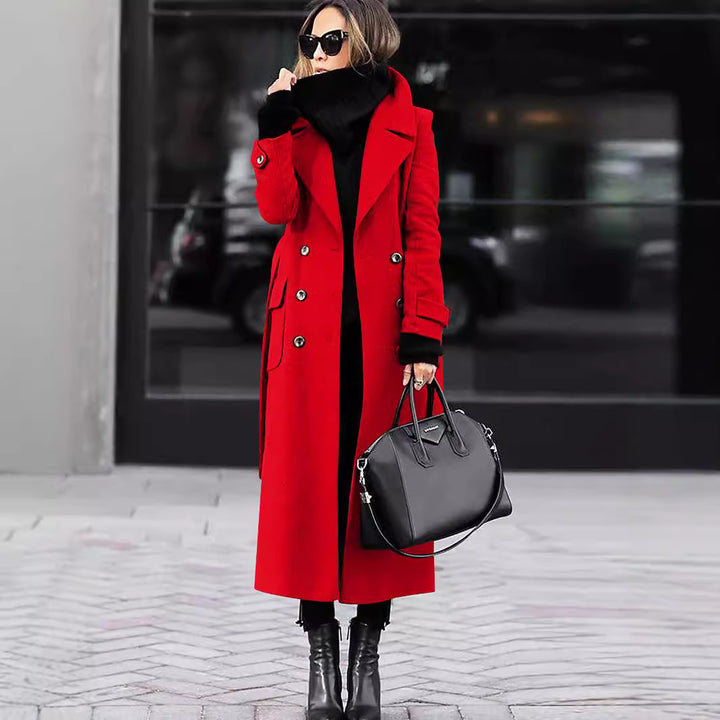 Women's Long Coat Double-Breasted Wool Mix with Wide Lapels and Patch Pockets Mune Fashion
