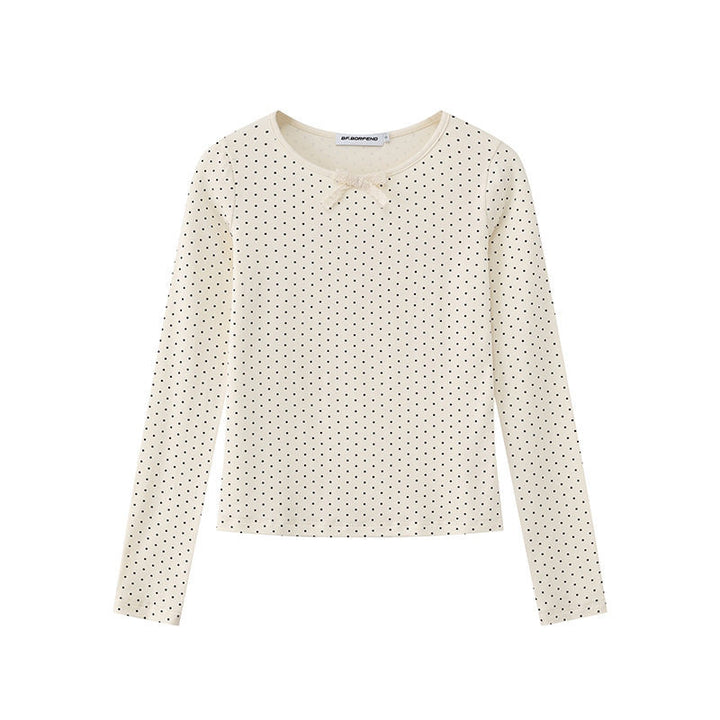 Women's long sleeve shirt made of soft cotton jersey with polka dot pattern and decorative knot on top