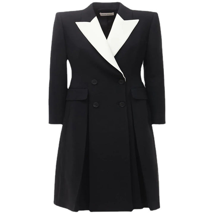 Women's fitted blazer dress-coat with contrasting shawl collar and flared skirt Mune Fashion