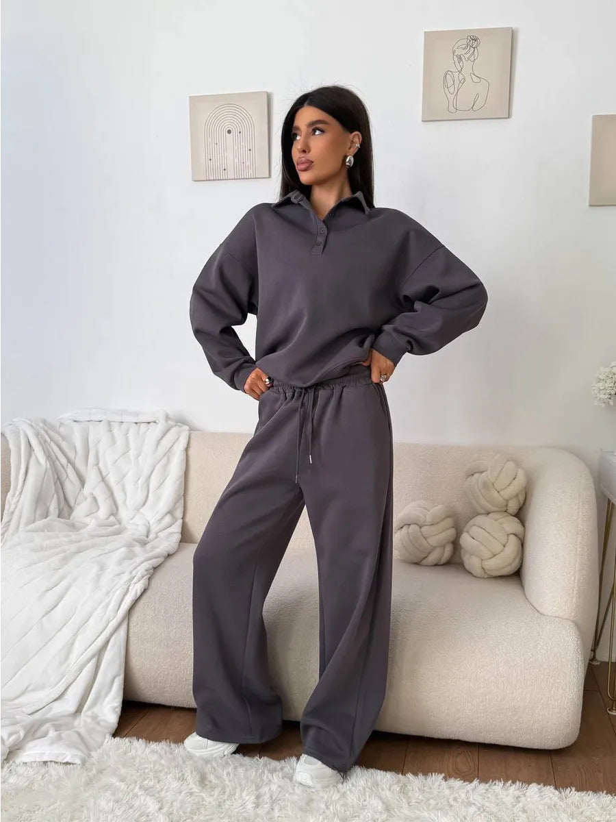 Women's wide Polo lounge set with elastic drawstring waistband and wide-leg jogging pants Mune Fashion