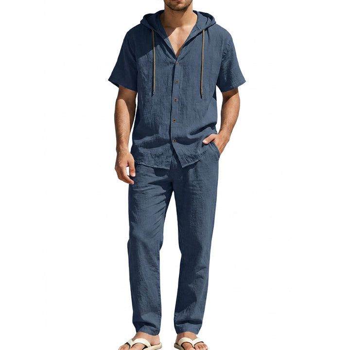 Men's airy linen lounge set with short-sleeved hoodie and straight relaxed pants Mune Fashion