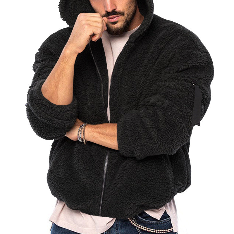 Men's Oversized Teddy-Fleece Hooded Jacket with Utility Arm Pocket, Front Zipper and Elastic Hem Mune Fashion