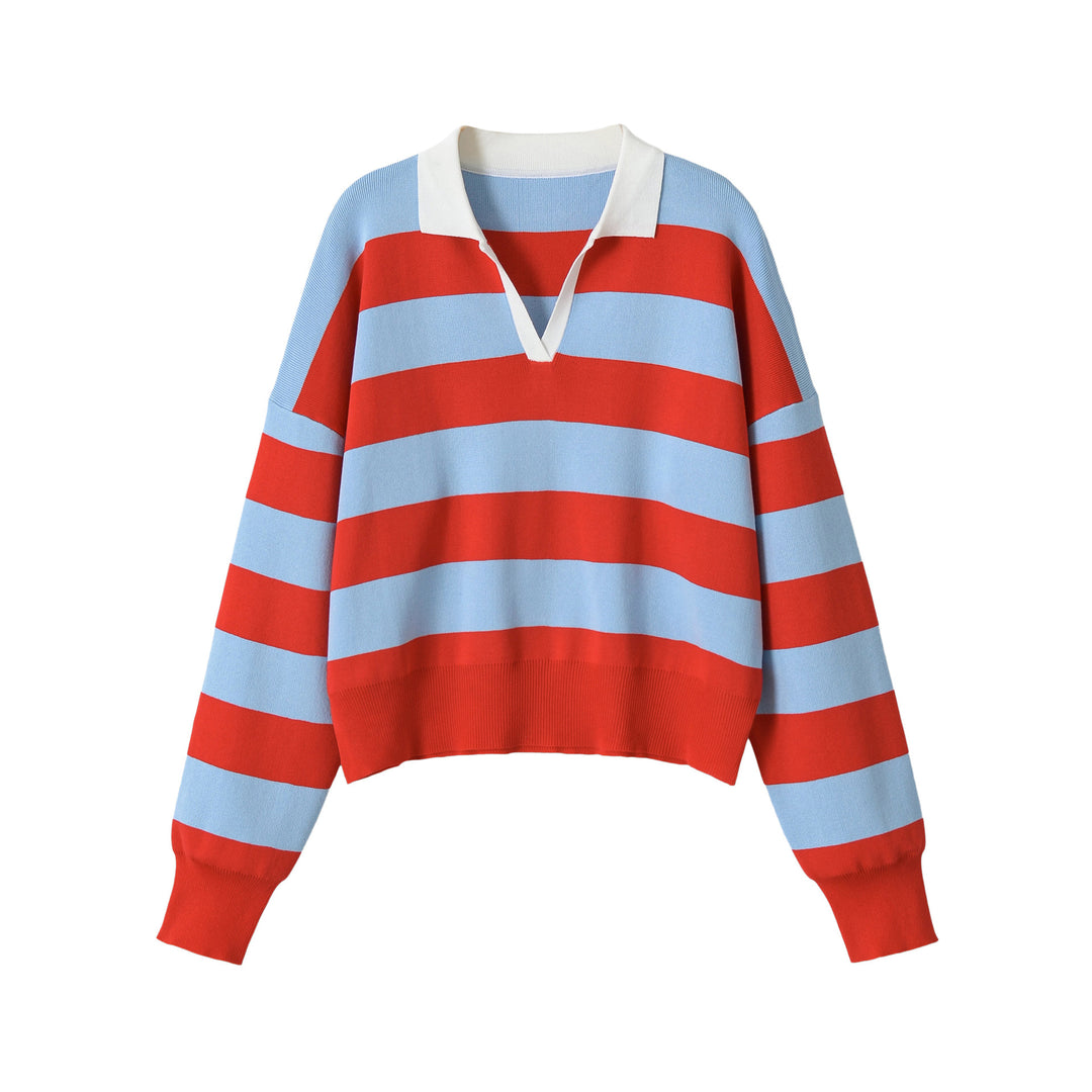 Women Cropped Oversize Rugby Pullover with Polo Collar and Deep V Neck Mune Fashion
