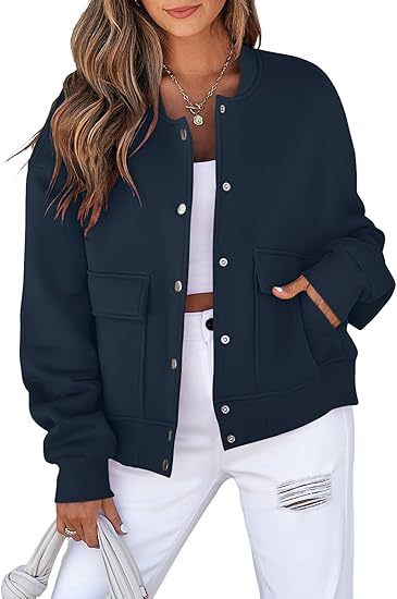 Women's casual oversized bomber jacket made of sweatshirt fabric with snap button placket and patch pockets Mune Fashion