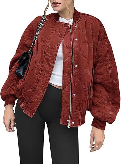 Women's Padded Oversized Quilted Bomber Jacket with Ribbed Cuffs and Decorative Stitching Mune Fashion