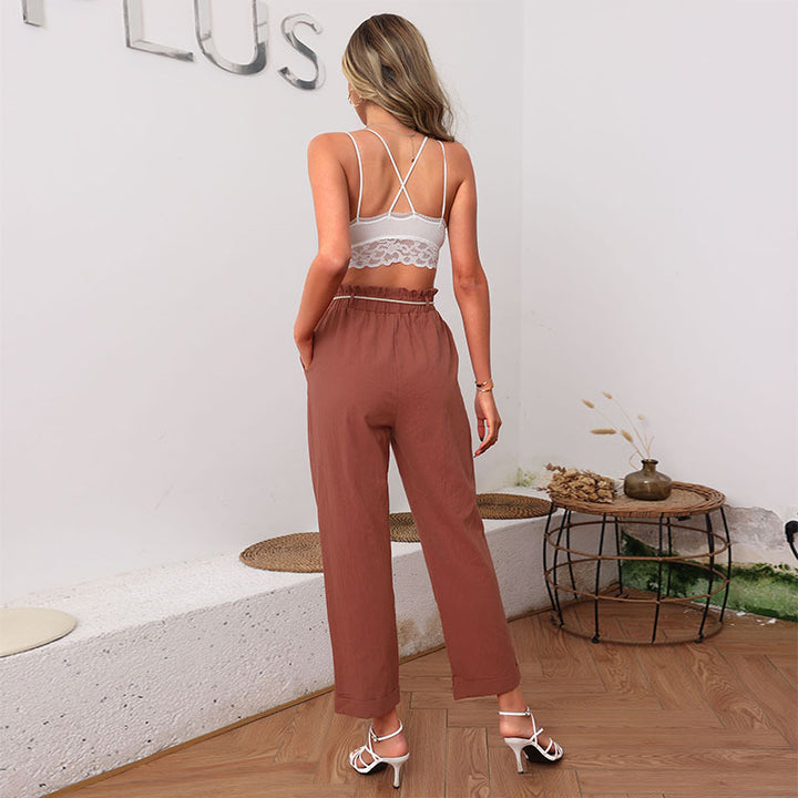 Women Light Linen Pants with Elastic Waistband, Drawstring and Cuffed Hem Mune Fashion