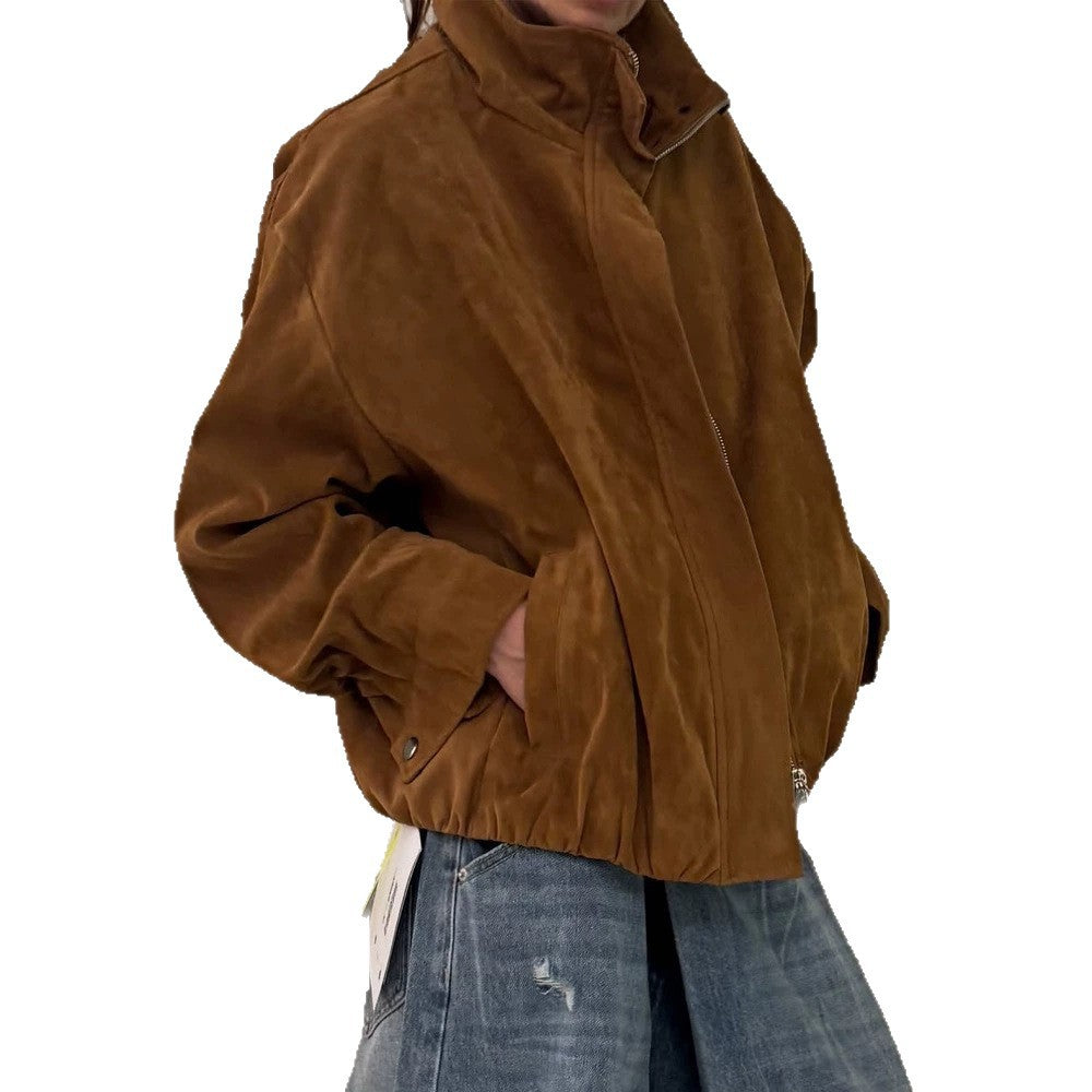 Women's Oversize Suede Blouson with High Standing Collar and Metal Zipper Mune Fashion