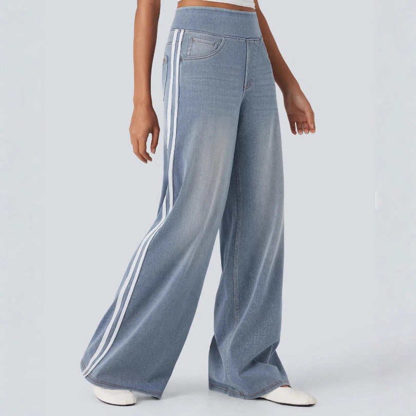 Women's wide sweatpants in denim look with side contrast stripes and comfort waistband Mune Fashion