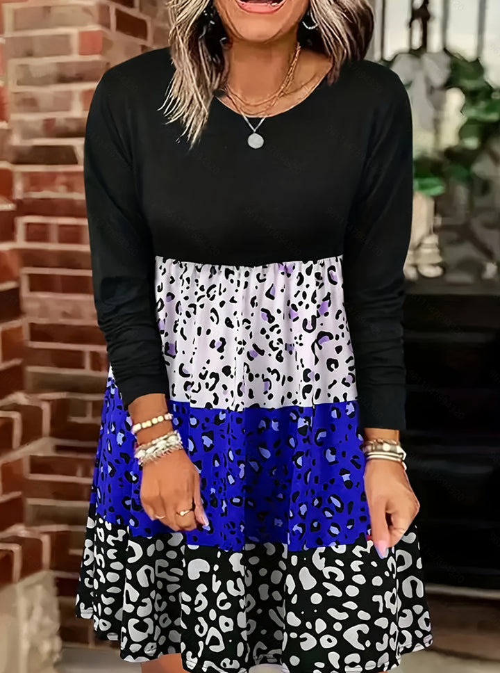 Ladies long-sleeve tiered dress with gathered empire waist and mixed animal print Mune Fashion