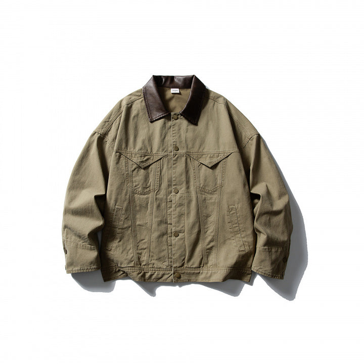 Men's Boxy Canvas Jacket with Leather Collar and Overshirt Silhouette Mune Fashion