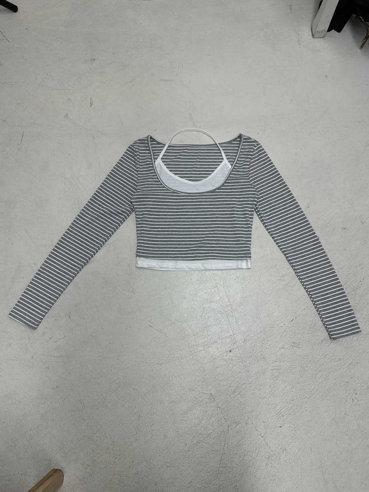 Women's gathered layering cropped top with integrated bustier and fine stripe knit Mune Fashion