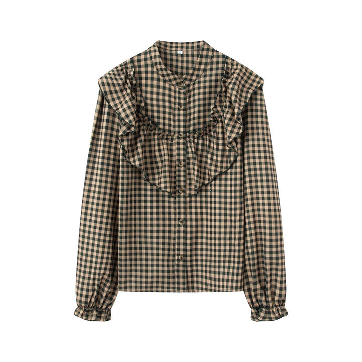 Women Checked Ruffled Blouse with Stand-up Collar and Ruffle Details Mune Fashion