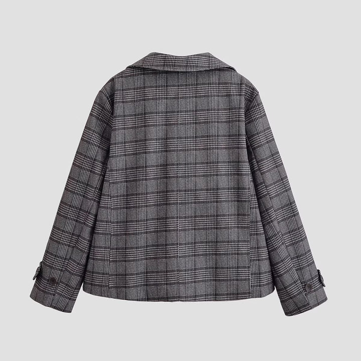Women's Short Double-Breasted Glencheck Coat with Wide Lapels Mune Fashion